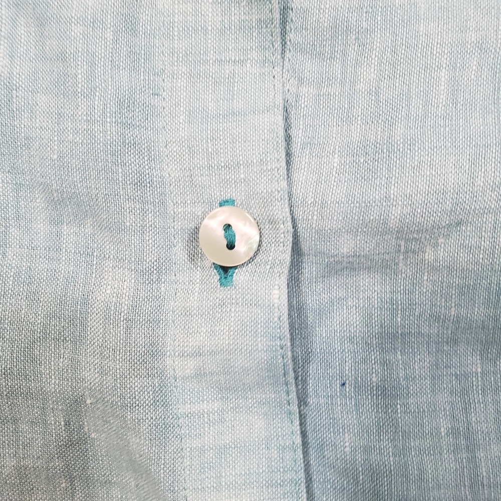Chico's Button Down Shirt Womens 4/20 Blue Teal Linen Colorblock No Iron Top - Picture 5 of 9